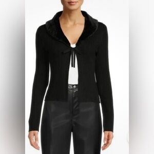 🌸 #4006-44.  Chic Black faux fur Women's Cardigan with Bow Detail